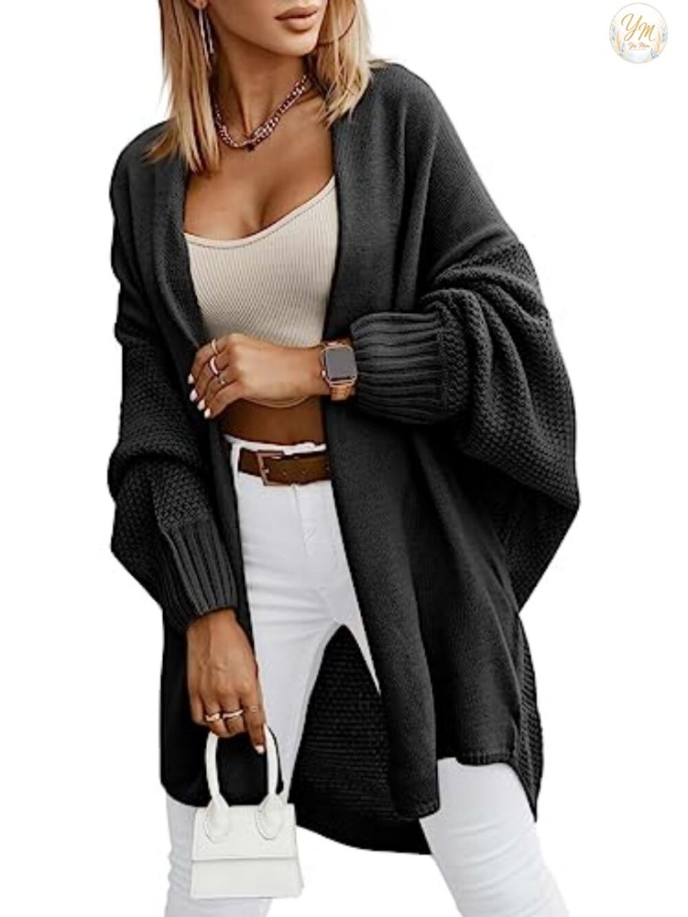 Women's Oversized Long Open Front Cardigan Sweater Lantern Sleeve